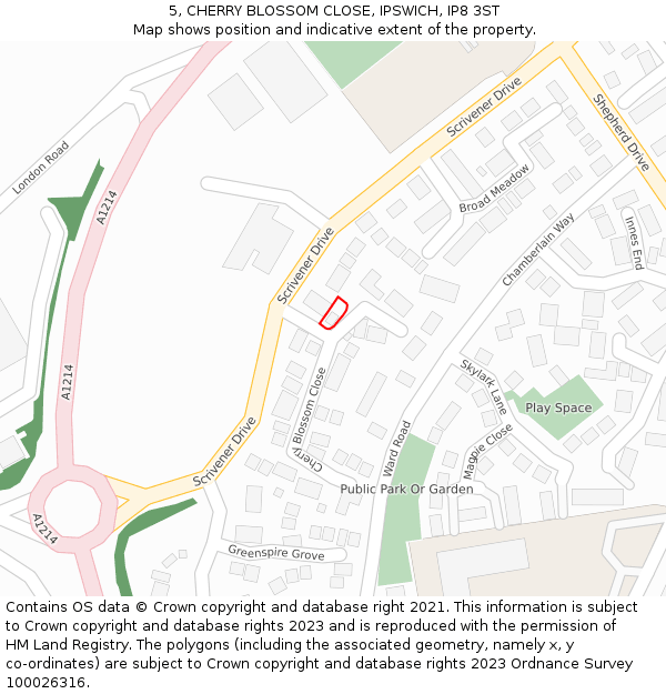 5, CHERRY BLOSSOM CLOSE, IPSWICH, IP8 3ST: Location map and indicative extent of plot