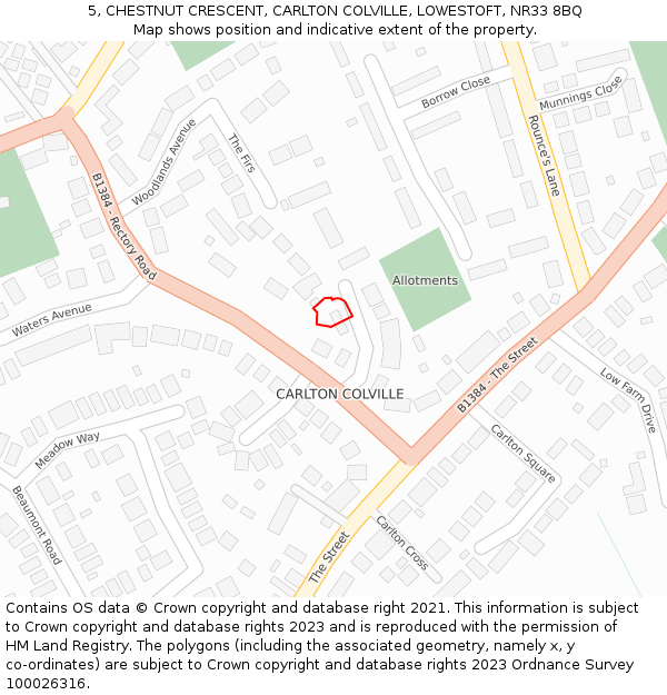 5, CHESTNUT CRESCENT, CARLTON COLVILLE, LOWESTOFT, NR33 8BQ: Location map and indicative extent of plot