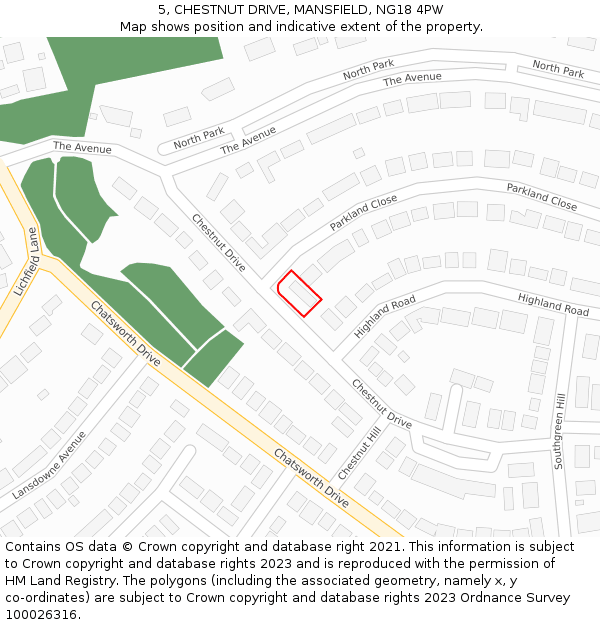 5, CHESTNUT DRIVE, MANSFIELD, NG18 4PW: Location map and indicative extent of plot