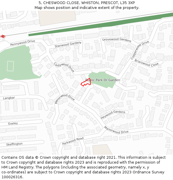 5, CHESWOOD CLOSE, WHISTON, PRESCOT, L35 3XP: Location map and indicative extent of plot
