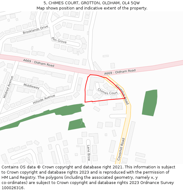 5, CHIMES COURT, GROTTON, OLDHAM, OL4 5QW: Location map and indicative extent of plot