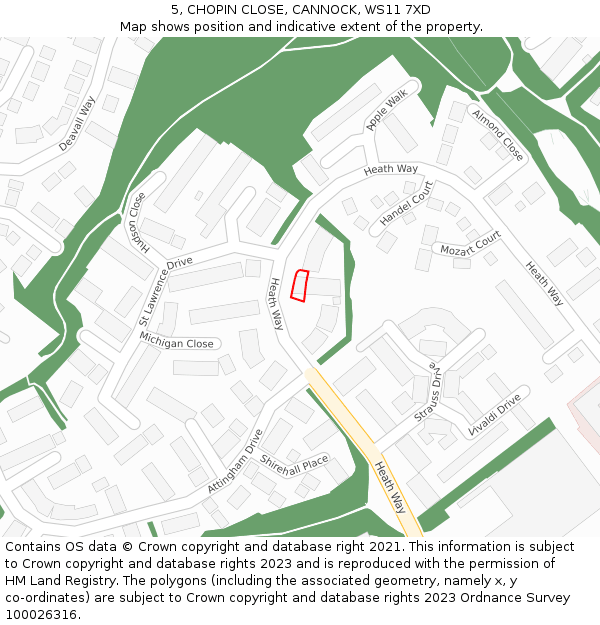 5, CHOPIN CLOSE, CANNOCK, WS11 7XD: Location map and indicative extent of plot
