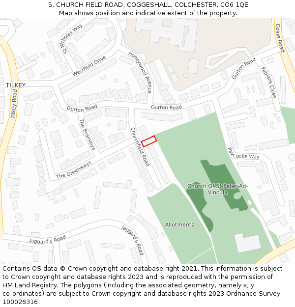 5, CHURCH FIELD ROAD, COGGESHALL, COLCHESTER, CO6 1QE: Location map and indicative extent of plot