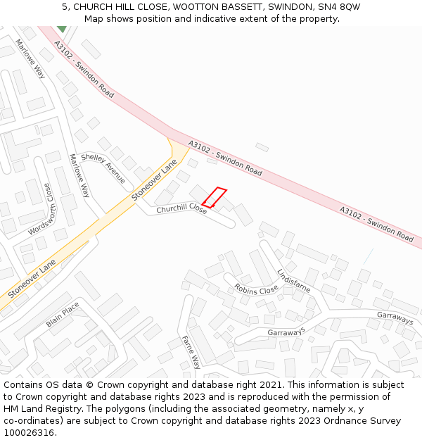 5, CHURCH HILL CLOSE, WOOTTON BASSETT, SWINDON, SN4 8QW: Location map and indicative extent of plot