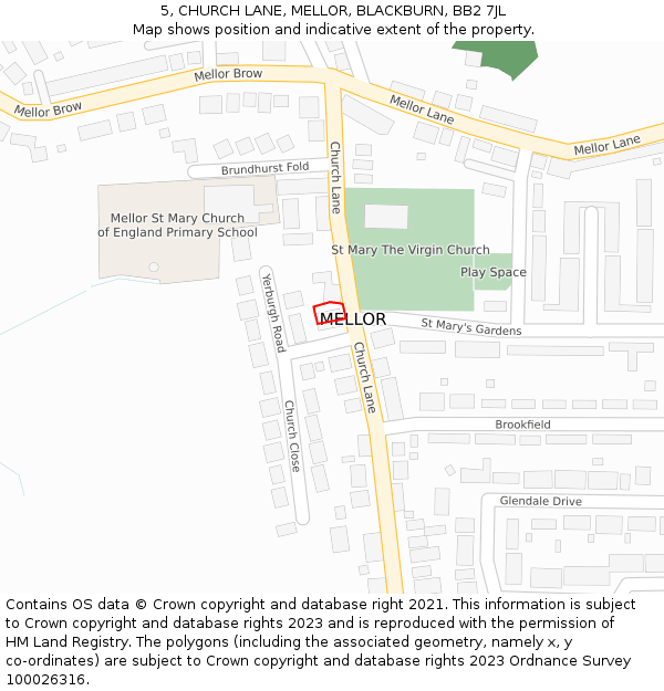 5, CHURCH LANE, MELLOR, BLACKBURN, BB2 7JL: Location map and indicative extent of plot