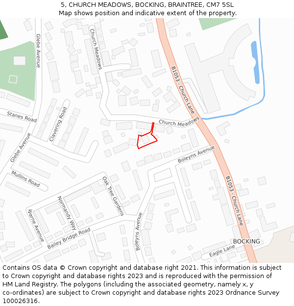 5, CHURCH MEADOWS, BOCKING, BRAINTREE, CM7 5SL: Location map and indicative extent of plot