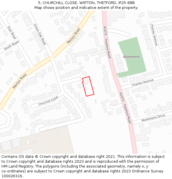 5, CHURCHILL CLOSE, WATTON, THETFORD, IP25 6BB: Location map and indicative extent of plot