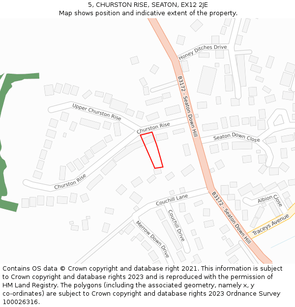 5, CHURSTON RISE, SEATON, EX12 2JE: Location map and indicative extent of plot