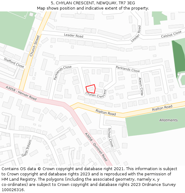 5, CHYLAN CRESCENT, NEWQUAY, TR7 3EG: Location map and indicative extent of plot