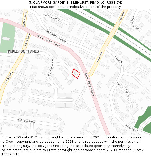 5, CLAIRMORE GARDENS, TILEHURST, READING, RG31 6YD: Location map and indicative extent of plot