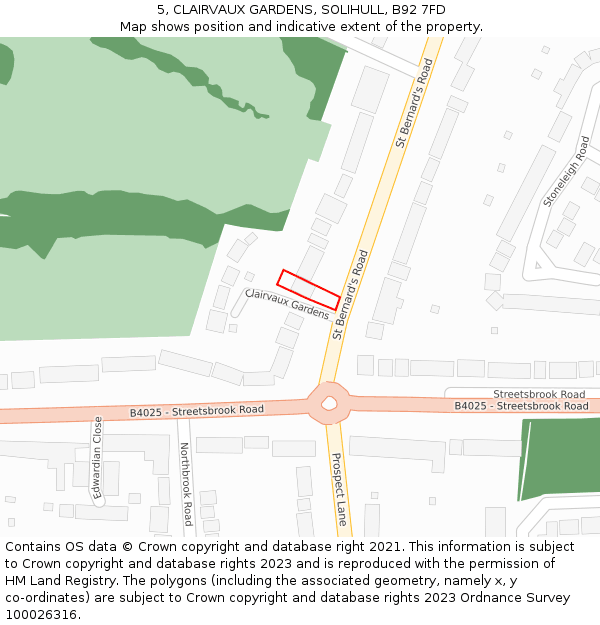 5, CLAIRVAUX GARDENS, SOLIHULL, B92 7FD: Location map and indicative extent of plot