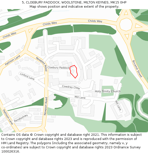 5, CLOEBURY PADDOCK, WOOLSTONE, MILTON KEYNES, MK15 0HP: Location map and indicative extent of plot