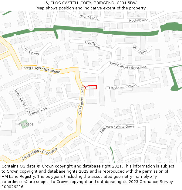 5, CLOS CASTELL COITY, BRIDGEND, CF31 5DW: Location map and indicative extent of plot