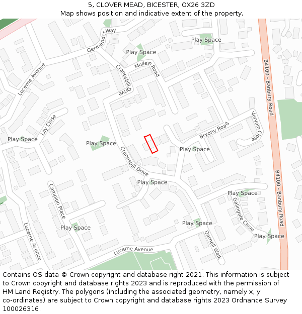 5, CLOVER MEAD, BICESTER, OX26 3ZD: Location map and indicative extent of plot