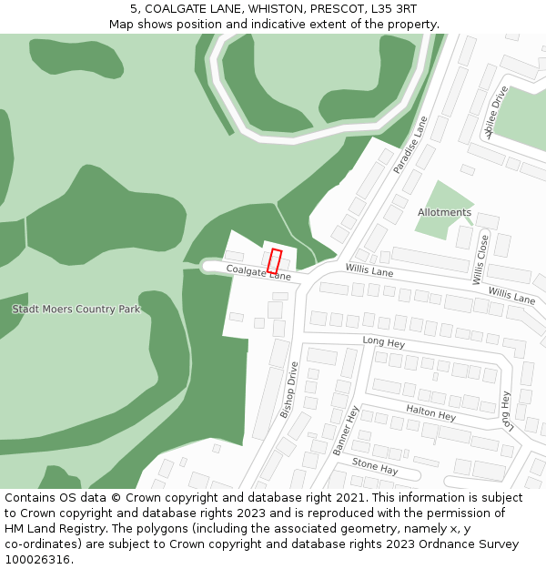 5, COALGATE LANE, WHISTON, PRESCOT, L35 3RT: Location map and indicative extent of plot