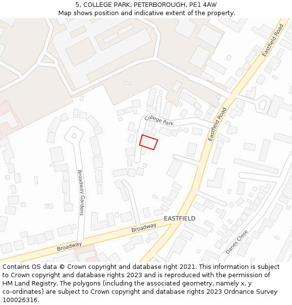 5, COLLEGE PARK, PETERBOROUGH, PE1 4AW: Location map and indicative extent of plot