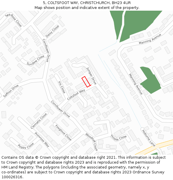 5, COLTSFOOT WAY, CHRISTCHURCH, BH23 4UR: Location map and indicative extent of plot