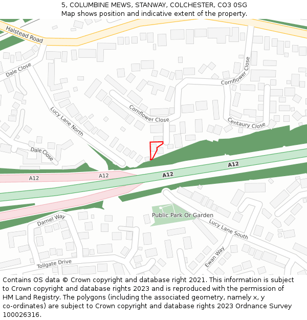 5, COLUMBINE MEWS, STANWAY, COLCHESTER, CO3 0SG: Location map and indicative extent of plot