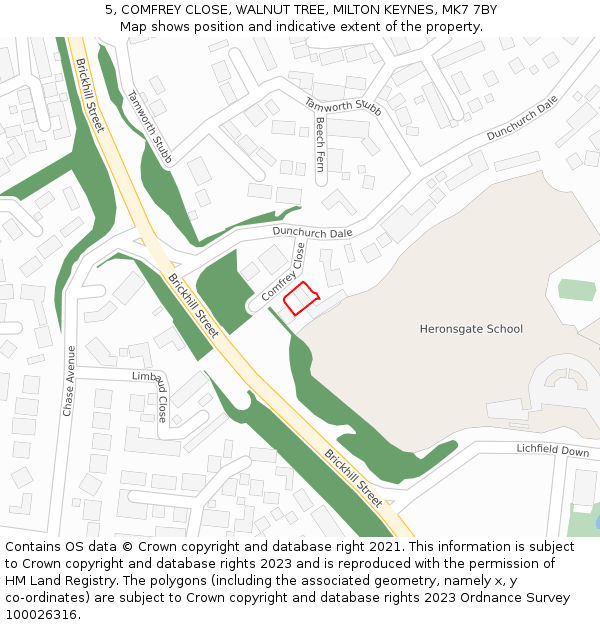 5, COMFREY CLOSE, WALNUT TREE, MILTON KEYNES, MK7 7BY: Location map and indicative extent of plot