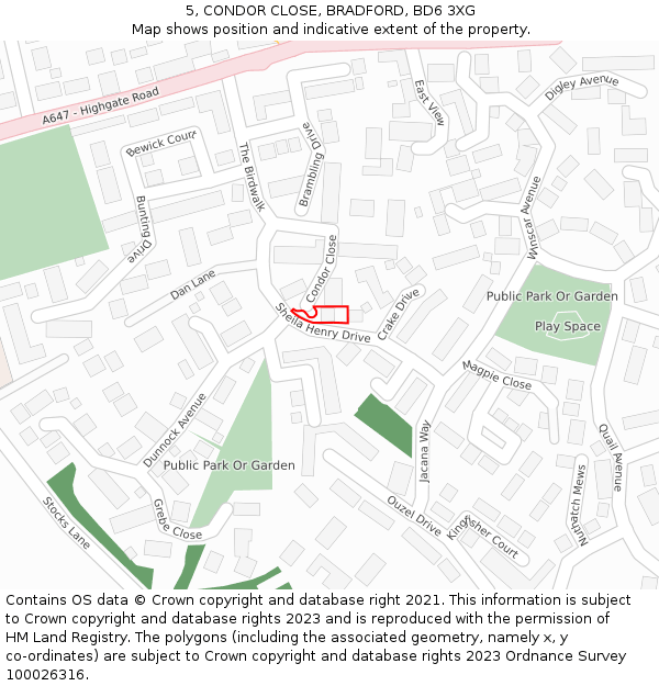 5, CONDOR CLOSE, BRADFORD, BD6 3XG: Location map and indicative extent of plot