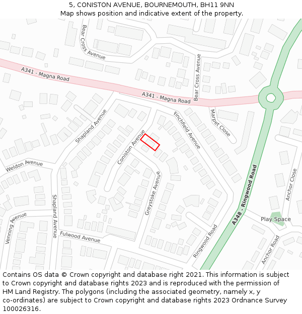 5, CONISTON AVENUE, BOURNEMOUTH, BH11 9NN: Location map and indicative extent of plot