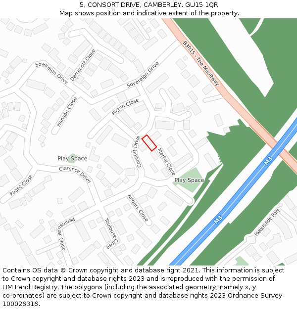 5, CONSORT DRIVE, CAMBERLEY, GU15 1QR: Location map and indicative extent of plot