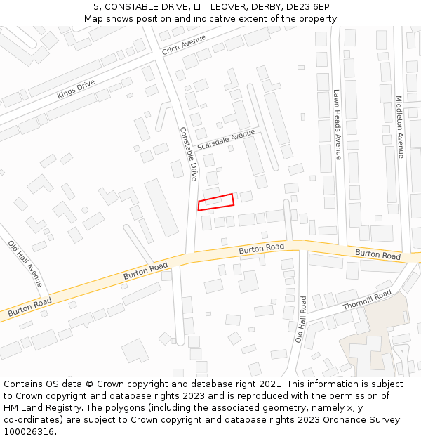 5, CONSTABLE DRIVE, LITTLEOVER, DERBY, DE23 6EP: Location map and indicative extent of plot