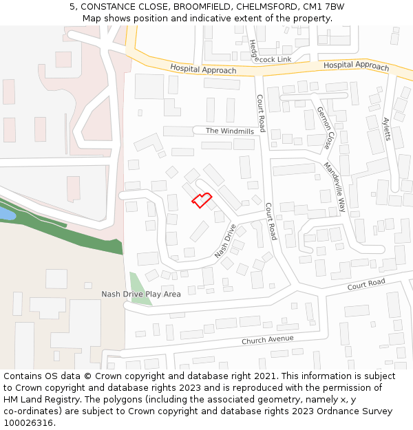 5, CONSTANCE CLOSE, BROOMFIELD, CHELMSFORD, CM1 7BW: Location map and indicative extent of plot