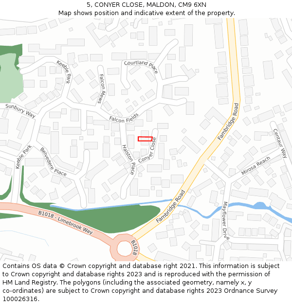5, CONYER CLOSE, MALDON, CM9 6XN: Location map and indicative extent of plot