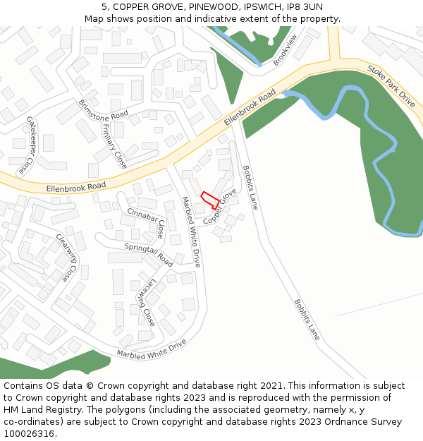 5, COPPER GROVE, PINEWOOD, IPSWICH, IP8 3UN: Location map and indicative extent of plot