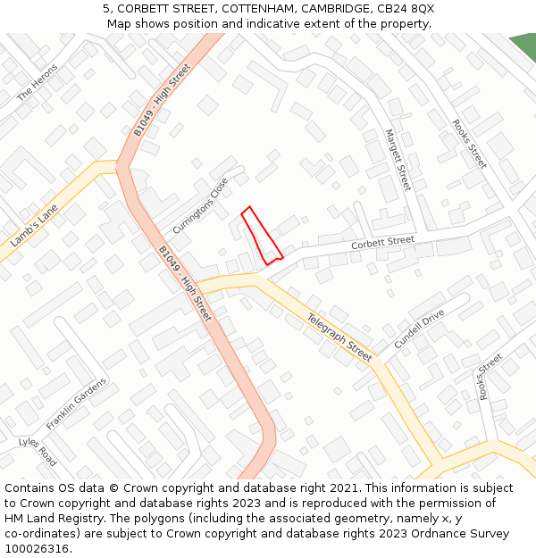 5, CORBETT STREET, COTTENHAM, CAMBRIDGE, CB24 8QX: Location map and indicative extent of plot