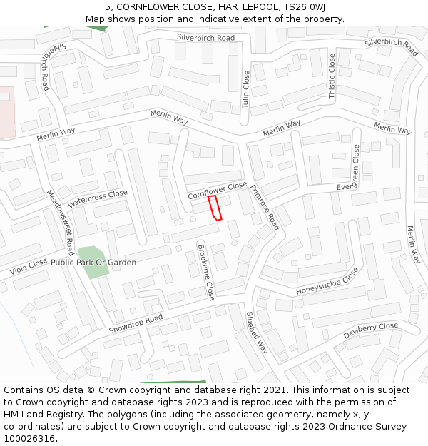 5, CORNFLOWER CLOSE, HARTLEPOOL, TS26 0WJ: Location map and indicative extent of plot