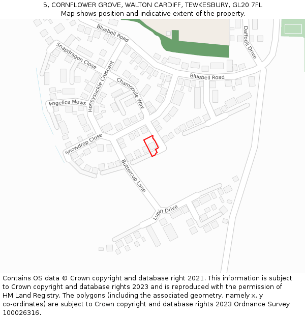 5, CORNFLOWER GROVE, WALTON CARDIFF, TEWKESBURY, GL20 7FL: Location map and indicative extent of plot