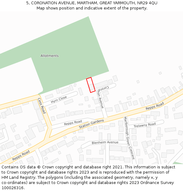 5, CORONATION AVENUE, MARTHAM, GREAT YARMOUTH, NR29 4QU: Location map and indicative extent of plot