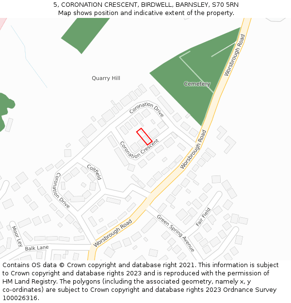 5, CORONATION CRESCENT, BIRDWELL, BARNSLEY, S70 5RN: Location map and indicative extent of plot