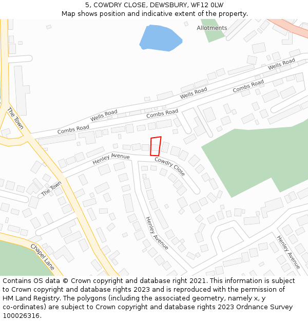 5, COWDRY CLOSE, DEWSBURY, WF12 0LW: Location map and indicative extent of plot