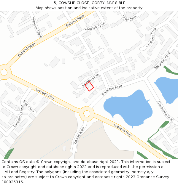 5, COWSLIP CLOSE, CORBY, NN18 8LF: Location map and indicative extent of plot