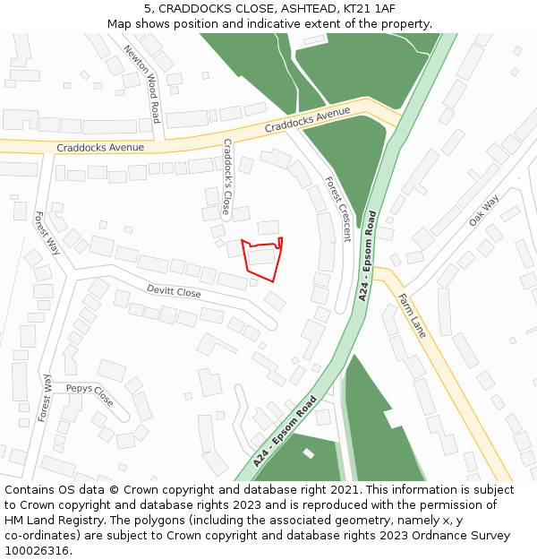 5, CRADDOCKS CLOSE, ASHTEAD, KT21 1AF: Location map and indicative extent of plot
