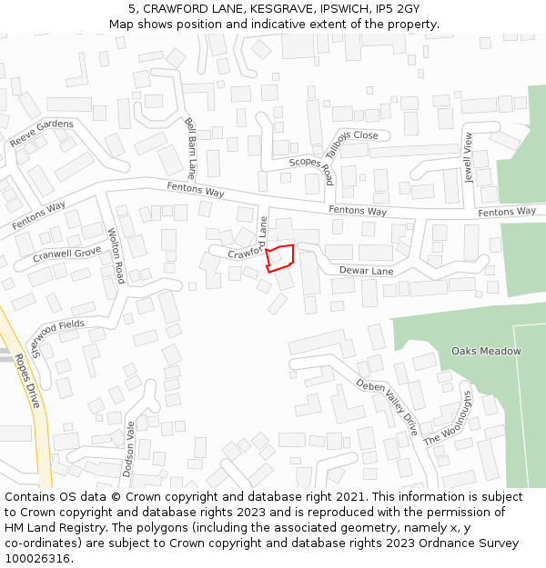 5, CRAWFORD LANE, KESGRAVE, IPSWICH, IP5 2GY: Location map and indicative extent of plot