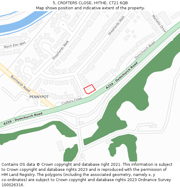 5, CROFTERS CLOSE, HYTHE, CT21 6QB: Location map and indicative extent of plot