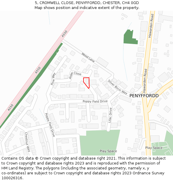 5, CROMWELL CLOSE, PENYFFORDD, CHESTER, CH4 0GD: Location map and indicative extent of plot