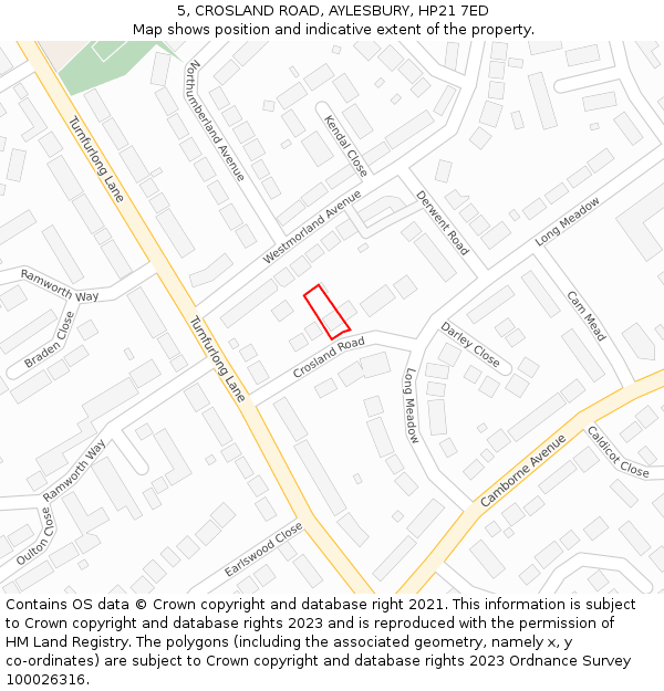 5, CROSLAND ROAD, AYLESBURY, HP21 7ED: Location map and indicative extent of plot