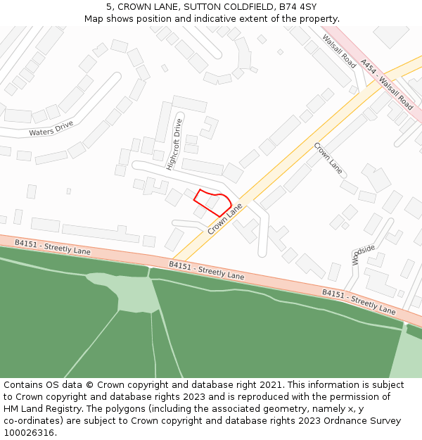 5, CROWN LANE, SUTTON COLDFIELD, B74 4SY: Location map and indicative extent of plot
