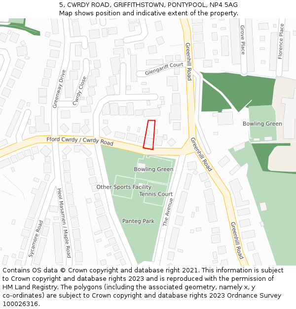 5, CWRDY ROAD, GRIFFITHSTOWN, PONTYPOOL, NP4 5AG: Location map and indicative extent of plot