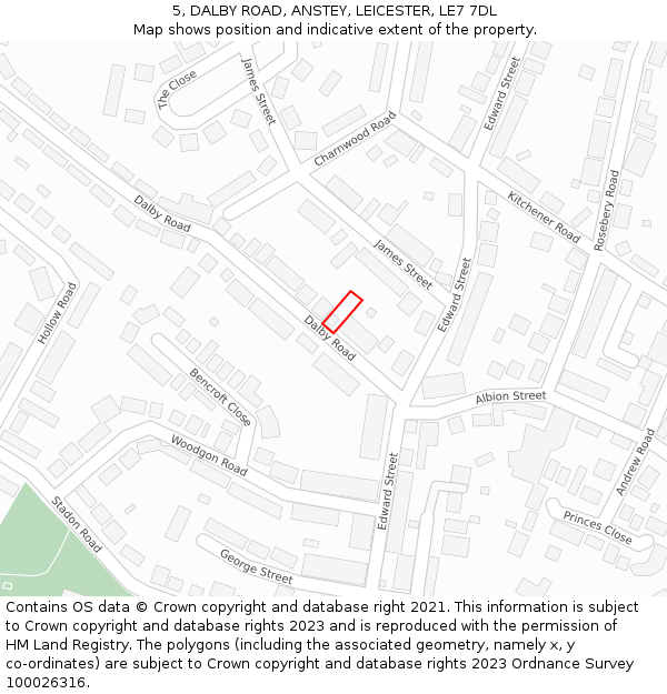 5, DALBY ROAD, ANSTEY, LEICESTER, LE7 7DL: Location map and indicative extent of plot