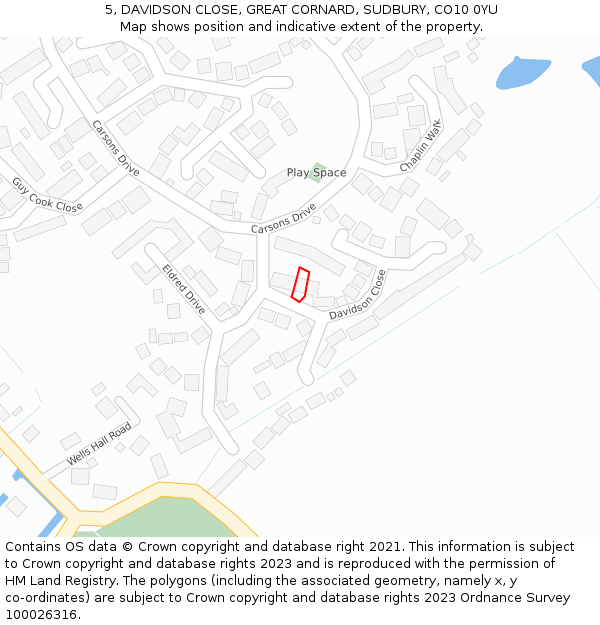 5, DAVIDSON CLOSE, GREAT CORNARD, SUDBURY, CO10 0YU: Location map and indicative extent of plot