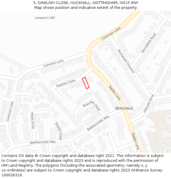 5, DAWLISH CLOSE, HUCKNALL, NOTTINGHAM, NG15 6NY: Location map and indicative extent of plot