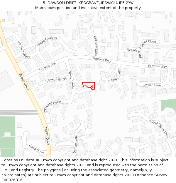 5, DAWSON DRIFT, KESGRAVE, IPSWICH, IP5 2YW: Location map and indicative extent of plot