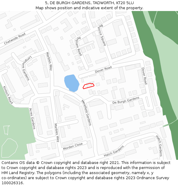 5, DE BURGH GARDENS, TADWORTH, KT20 5LU: Location map and indicative extent of plot