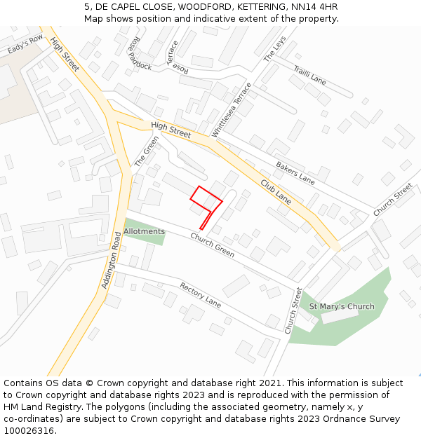 5, DE CAPEL CLOSE, WOODFORD, KETTERING, NN14 4HR: Location map and indicative extent of plot